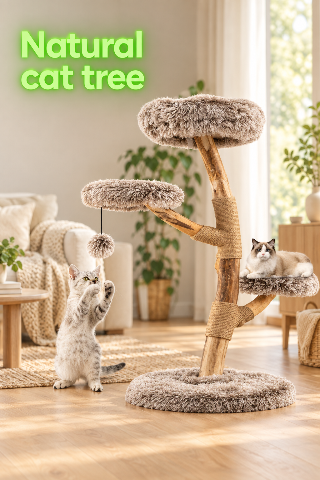 Natural cat tree in a cozy modern living room with glowing green title