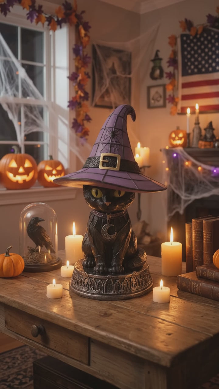 Witch Cat Halloween Night Light Resin