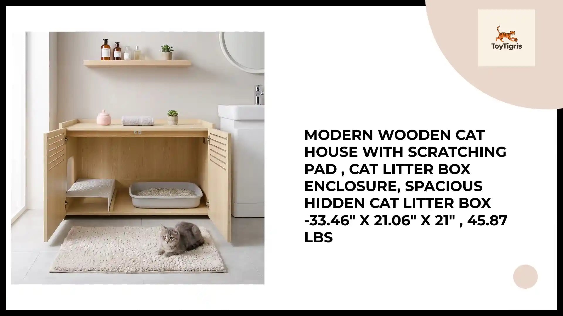 Modern Wooden Cat House with Scratching Pad , Cat Litter Box Enclosure, Spacious Hidden Cat Litter Box -33.46" x 21.06" x 21" , 45.87 lbs by@Outfy