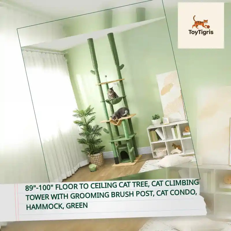 89"-100" Floor to Ceiling Cat Tree, Cat Climbing Tower with Grooming Brush Post, Cat Condo, Hammock, Green by@Outfy