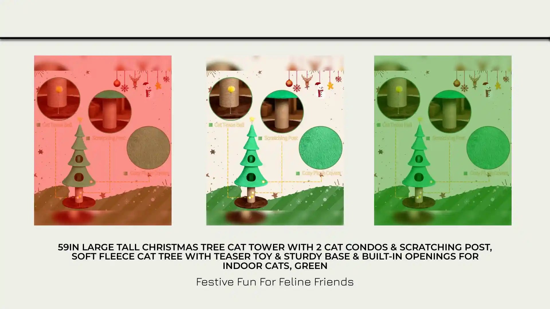 59in Large Tall Christmas Tree Cat Tower With 2 Cat Condos &amp; Scratching Post, Soft Fleece Cat Tree With Teaser Toy &amp; Sturdy Base &amp; Built-in Openings For Indoor Cats, Green by@Outfy