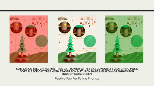 59in Large Tall Christmas Tree Cat Tower With 2 Cat Condos &amp; Scratching Post, Soft Fleece Cat Tree With Teaser Toy &amp; Sturdy Base &amp; Built-in Openings For Indoor Cats, Green by@Outfy