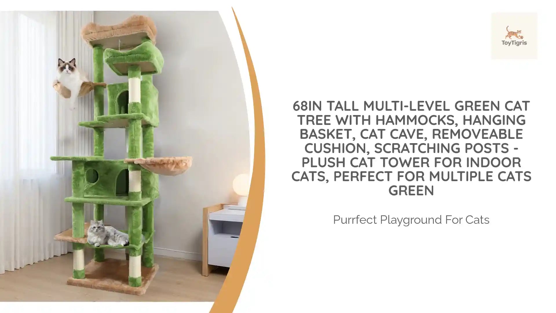 68in Tall Multi-Level Green Cat Tree with Hammocks, Hanging Basket, Cat Cave, Removeable Cushion, Scratching Posts - Plush Cat Tower for Indoor Cats, Perfect for Multiple Cats Green by@Outfy