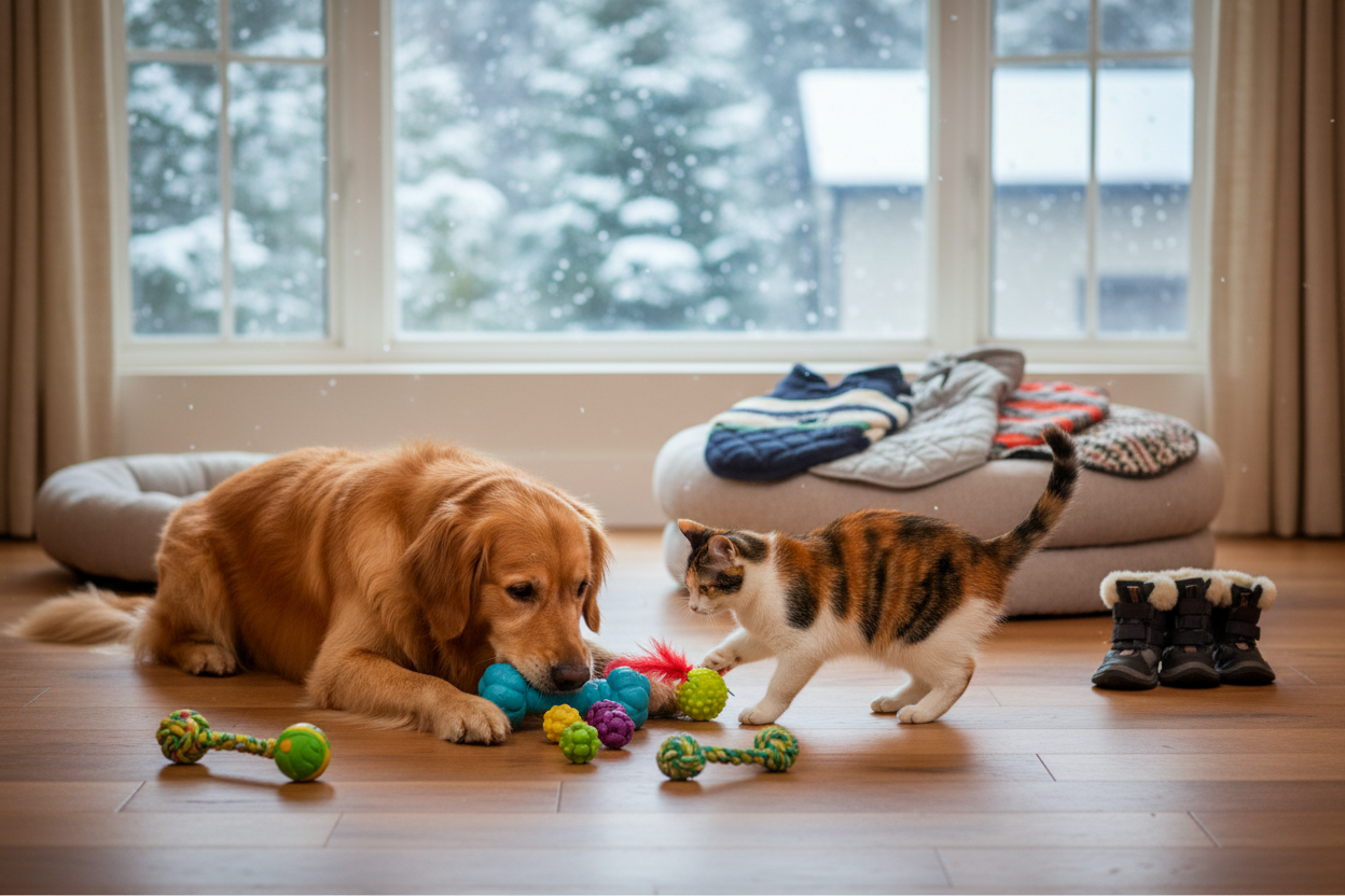 Winter themed homepage hero banner about pet supplies, include a cat and dog playing with pet toys, not too close each other. dont include a Christmas tree, some winter pet sweaters and dog jackets and dog winter boots in the backround on the floor. no text.